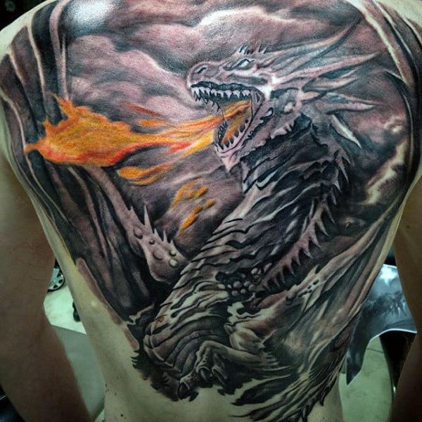 Dragon Breathing Flames Male Shaded Back Tattoo Designs