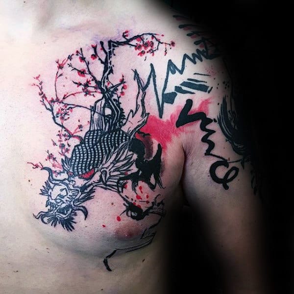 Dragon Brush Stroke Male Chest Tattoo