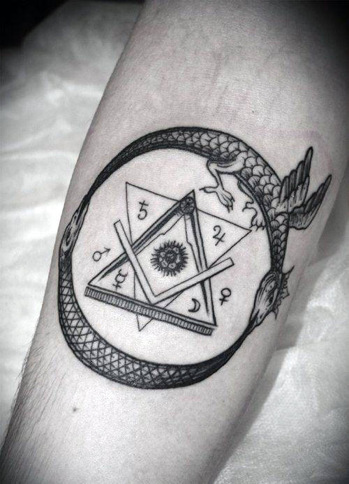 Dragon Flying Oer Symbols Ouroboros Mens Forearm Tattoo
