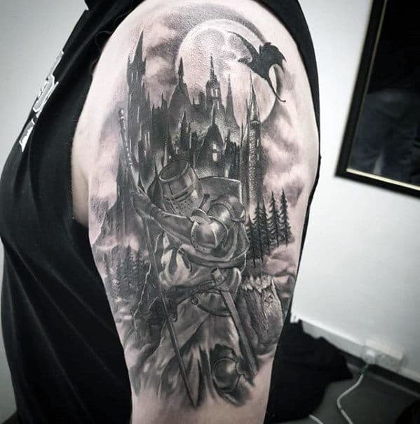 Dragon Flying Over Castle With Knight Mens Arm Tattoos