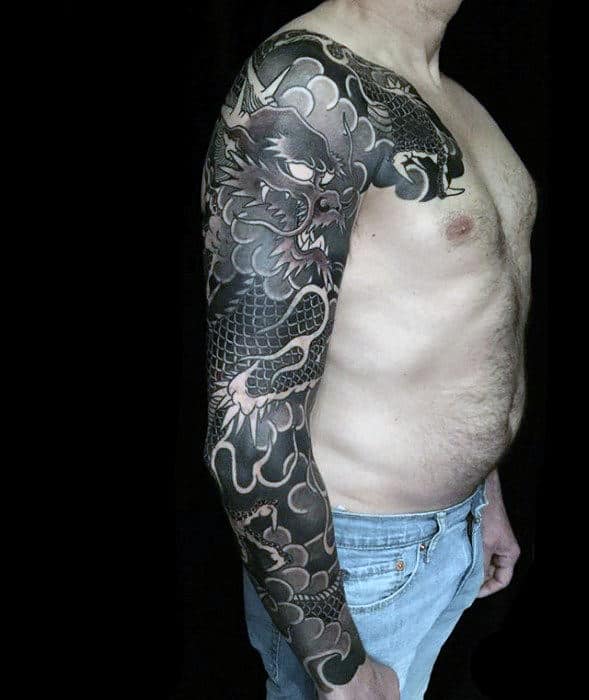 Dragon In Clouds Guys Black And Grey Shaded Japanese Sleeve Tattoos
