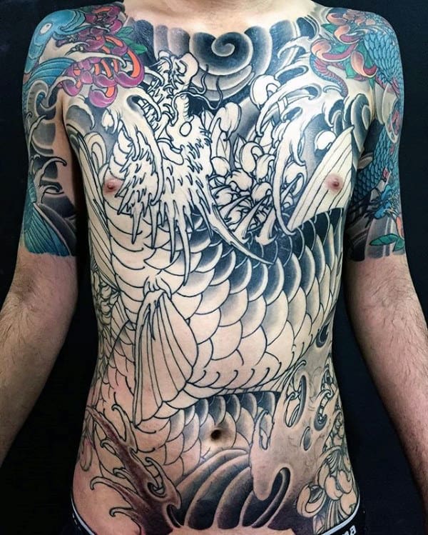Dragon Japanese Chrysanthemum Flower Mens Full Chest Tattoos