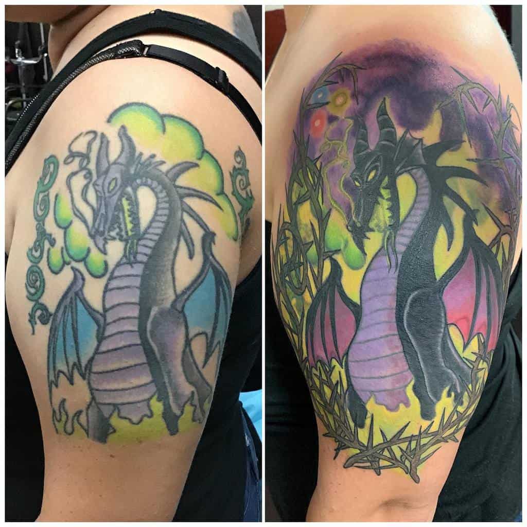 Colorful dragon tattoo inspired by Maleficent, featuring bold green, purple, and black tones with thorny accents and a mystical aura