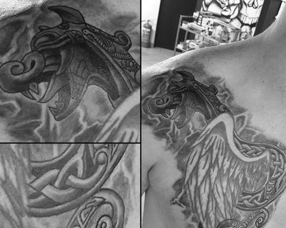 Dragon Mens Celtic Heavily Shaded Shoulder And Chest Tattoo