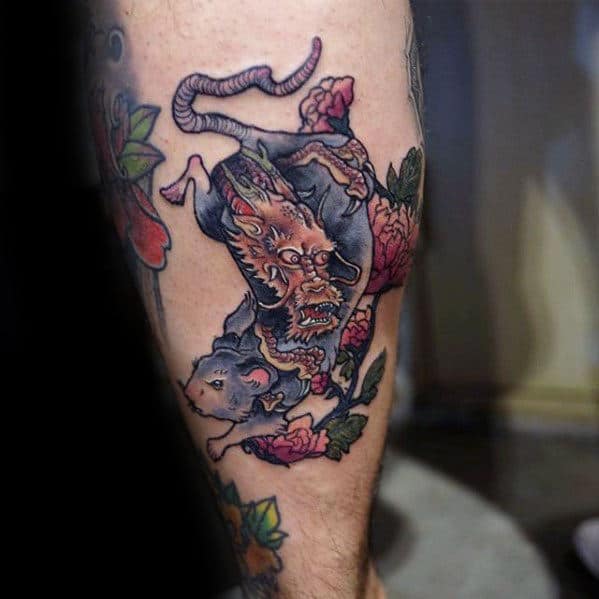 Dragon Mouse Mens Small Back Of Leg Tattoo