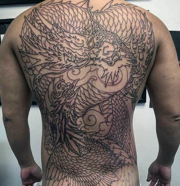 Dragon Phoenix Mens Full Back Tattoo With Black Ink Design