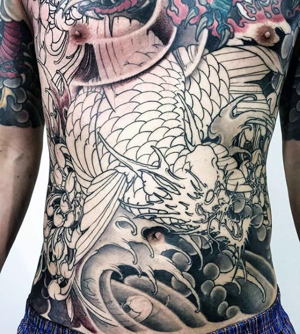 Dragon Shaded Male Japanese Chest Tattoo