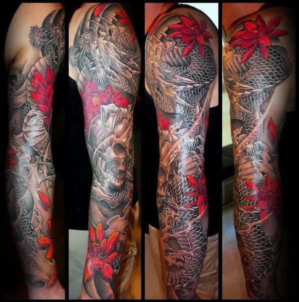 Dragon Skull Guys Japanese Sleeve Tattoo Ideas
