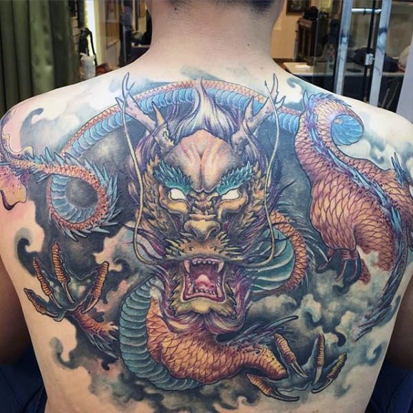 Dragon With Clouds Mens Upper Back Tattoos