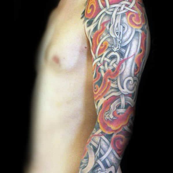 Dragon With Flames Guys Full Arm Celtic Sleeve Tattoo
