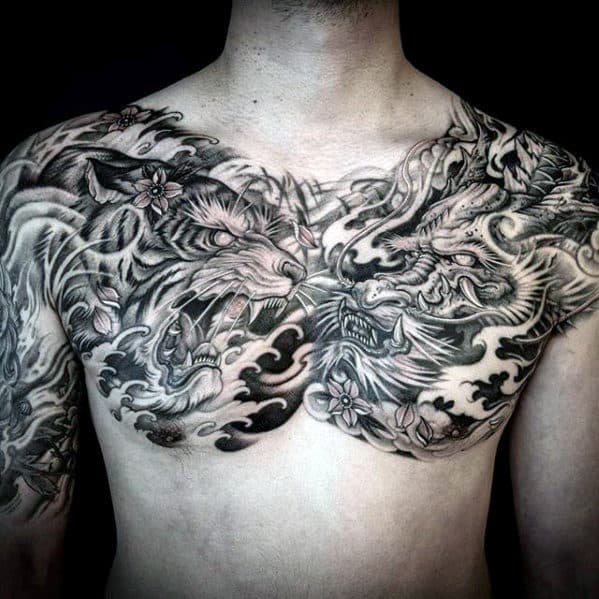 Dragon With Tiger Mens Upper Chest Tattoos