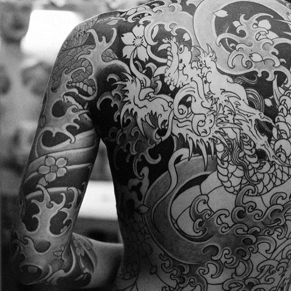 Dragon With Water Waves Japanese Back Tattoos