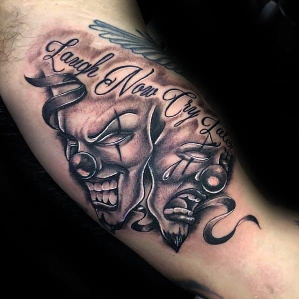 Drama Mask Tattoo Design On Man Laugh Now Cry Later Inner Arm