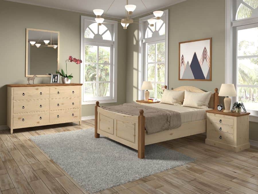 Cozy beige bedroom with wooden bed, dresser, and natural light.