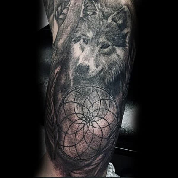 Dreamcatcher Tattoo Designs On Males With Wolf