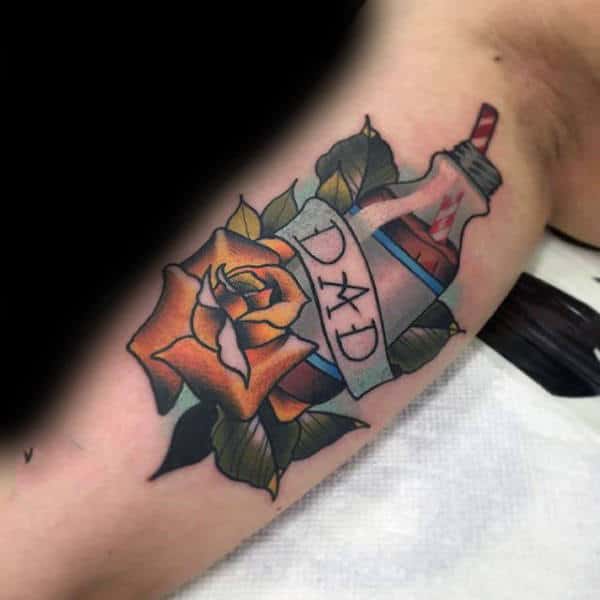 Drink Yello Rose And Dad Tattoo Male Forearms