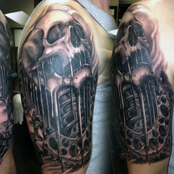 Dripping Skull With Gear And Shock Motocross Mens Half Sleeve Tattoo Ideas
