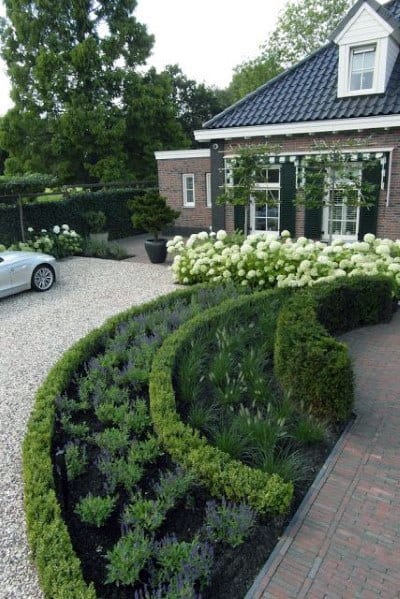 patterned hedges driveway landscape