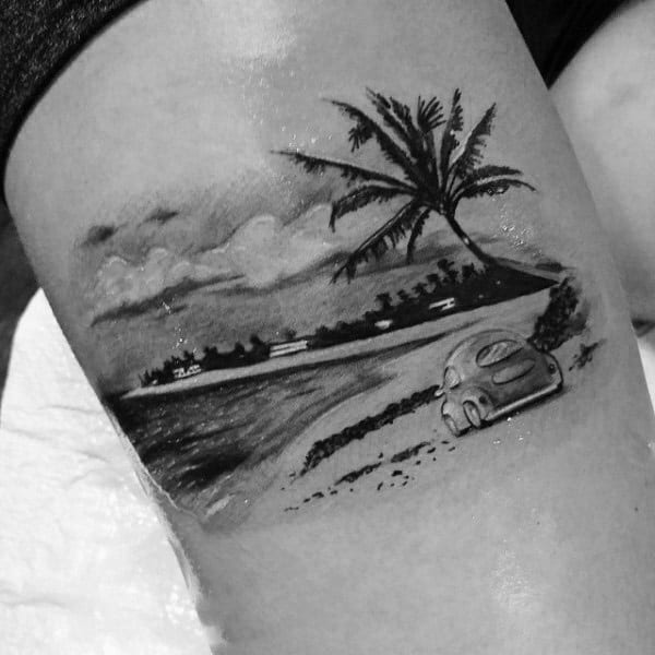 Driving Car Vacation Palm Tree Tattoo On Arms For Men