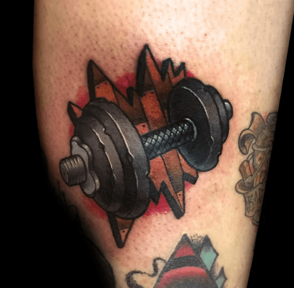 Dumbbell Small Mens Fitness Tattoos On Leg