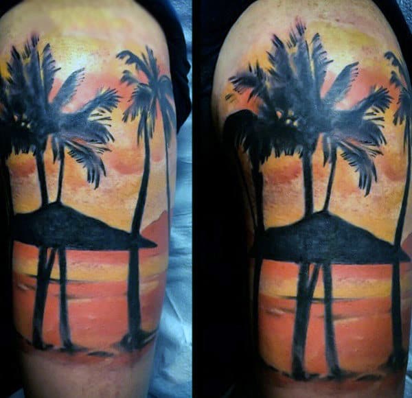 Dusky Beach With Palm Tree Tattoo For Men On Arms
