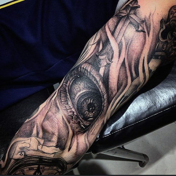 Dusty Grey Black Shaded Eye Tattoo Mens Forearms