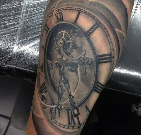 Dusty Grey Pocket Watch Tattoo On Calves For Men