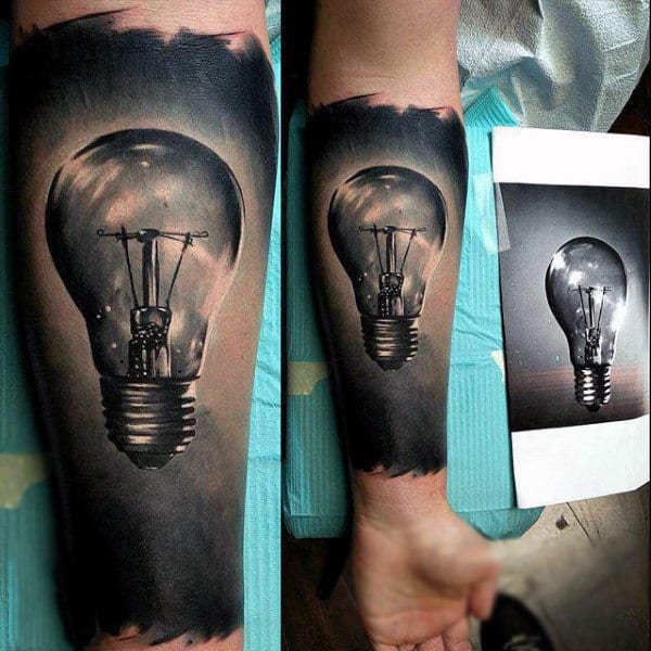 Dusty Grey Shaded Realistic Glass Bulb Tattoo Male Forearms