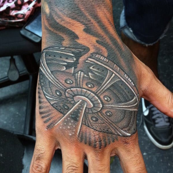Dusty Grey Ufo Tattoo Male Hands