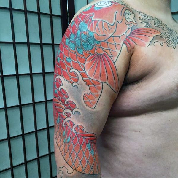 Dusty Red Blue Japanese Sleeve Tattoo For Guys