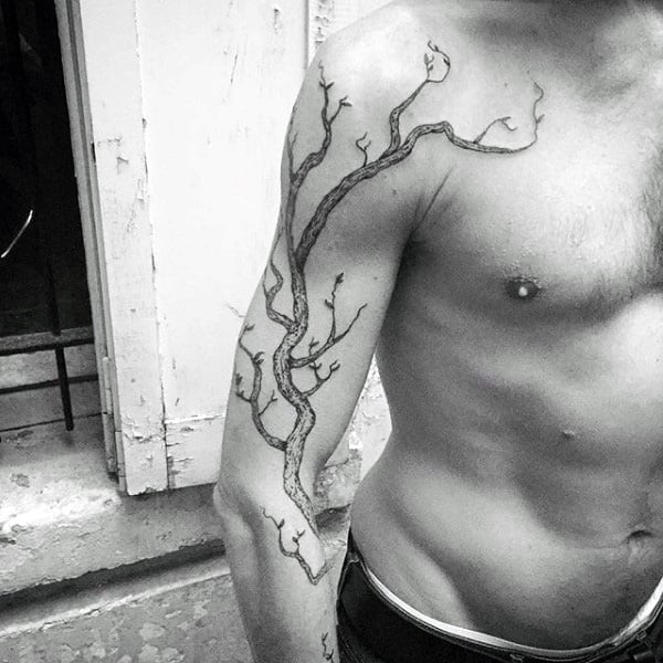 Dying Thin Oak Tree Branch Tattoo Sleeves Guys