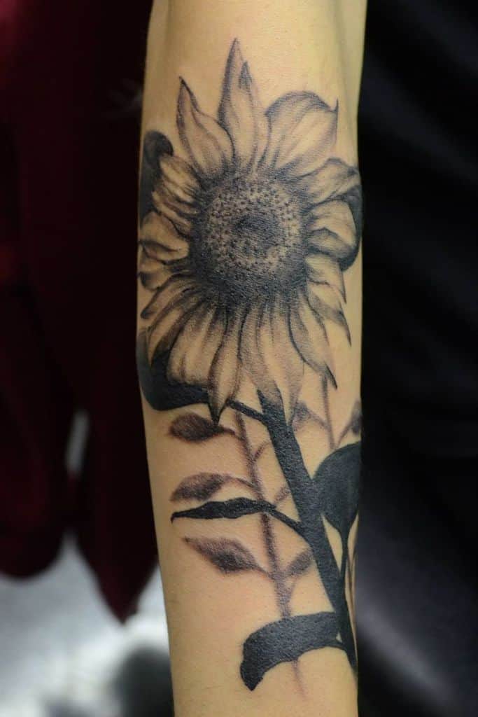 Detailed black and grey sunflower tattoo on forearm, with realistic shading on petals, leaves, and stem for a bold design.