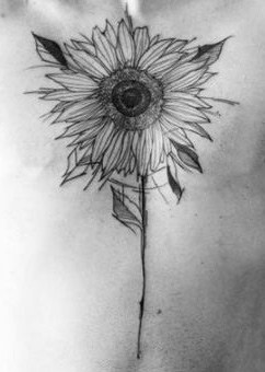 Black ink sunflower tattoo with fine line details and a long, delicate stem, featuring a realistic floral design with subtle shading.