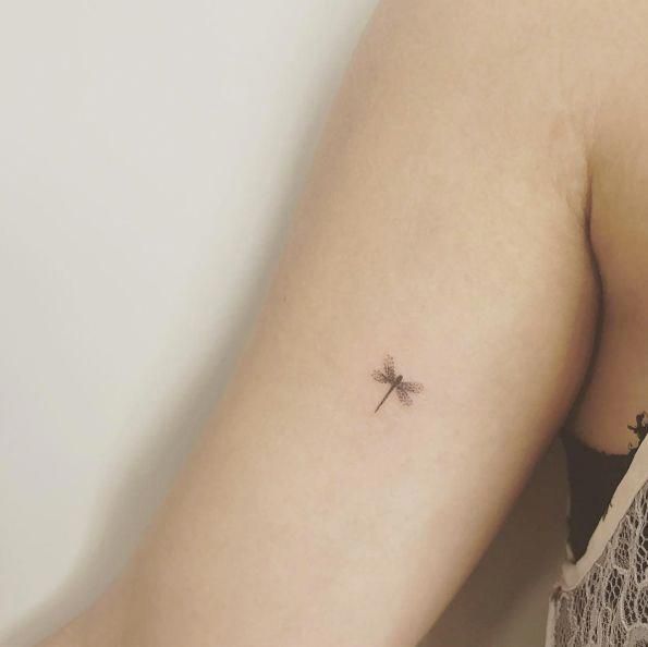 Tiny black ink dragonfly tattoo on the upper arm. The delicate and minimalist design adds a subtle yet elegant touch.