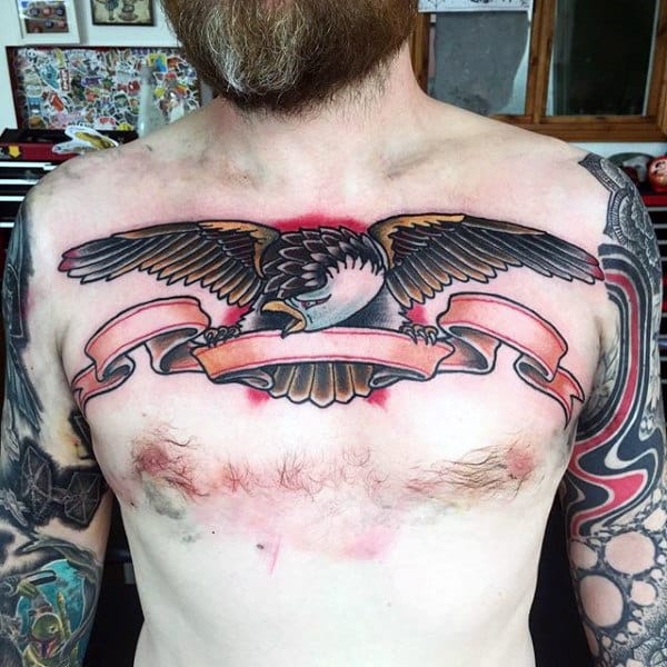 Eagle Banner Male Traditional Upper Chest Tattoo Inspiration