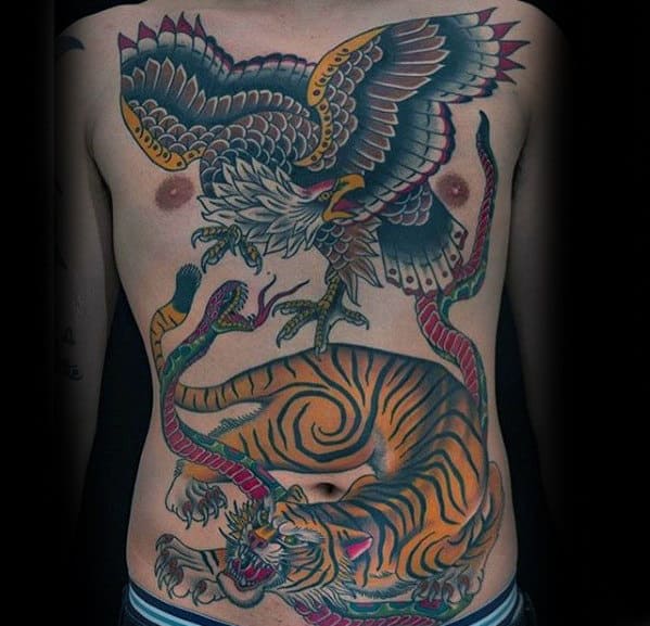 Eagle Bird With Tiger Guys Traditional Chest Tattoo