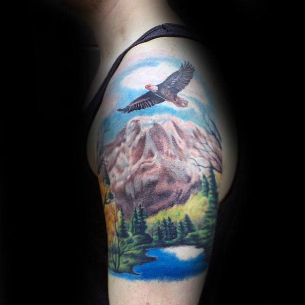 Eagle Flying Over Landscape Half Sleeve Tattoos For Men
