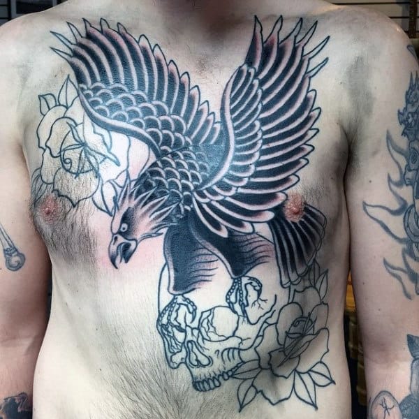 Eagle Flying With Skull Mens Traditional Full Chest Tattoos
