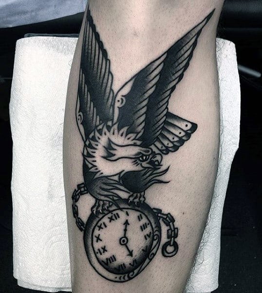 Eagle On Pocket Watch Tattoo On Calves For Men