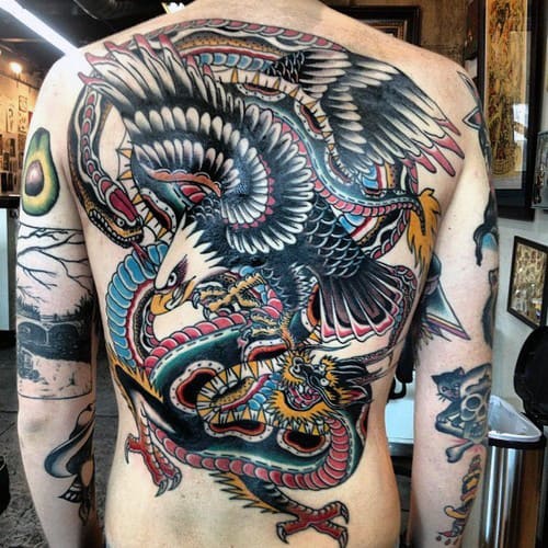 Eagle With Dragon Traditional Mens Back Tattoos