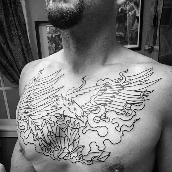 Eagle With Flaming Crystals Guys Old School Upper Chest Tattoos