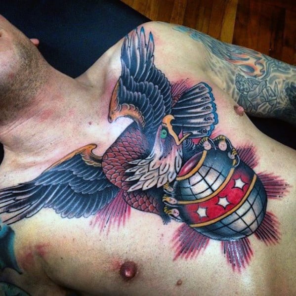 Eagle With Globe Guys Traditional Bird Chest Tattoo