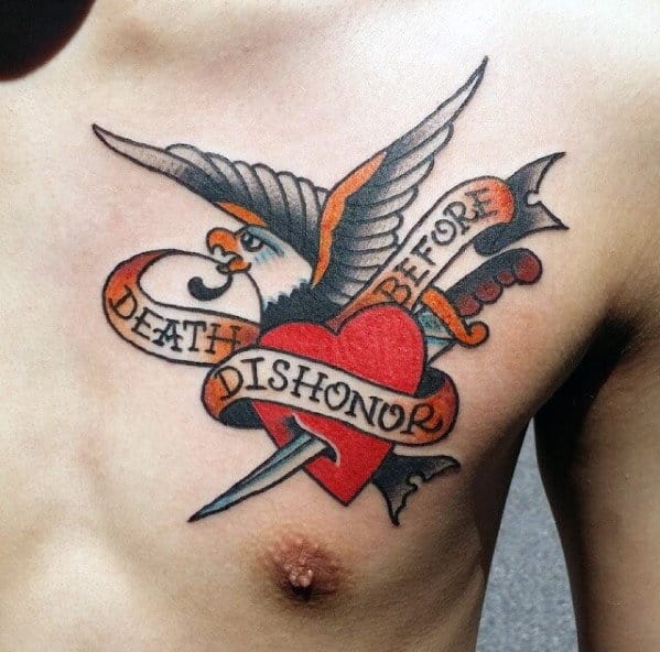 Eagle With Heart Death Before Dishonor Guys Traditional Tattoo On Chest
