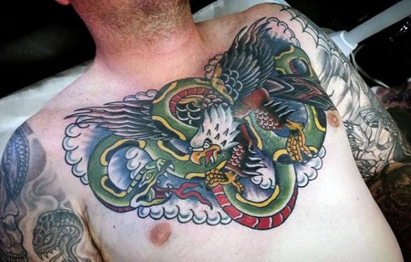 Eagle With Snake In Clouds Guys Traditional Upper Chest Tattoo Designs
