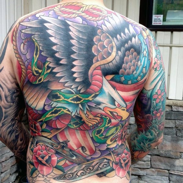 Eagle With Snake Traditional Back Mens Tattoos