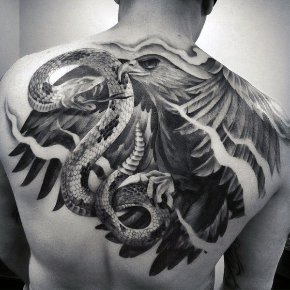Eagle With Snake Unique Back Male Tattoos
