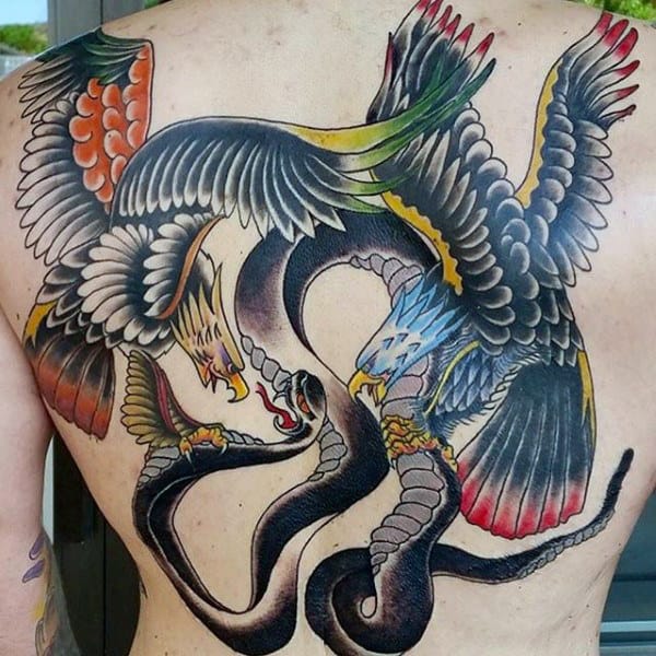 Eagles Flying With Black Snake Guys Traditional Back Tattoo