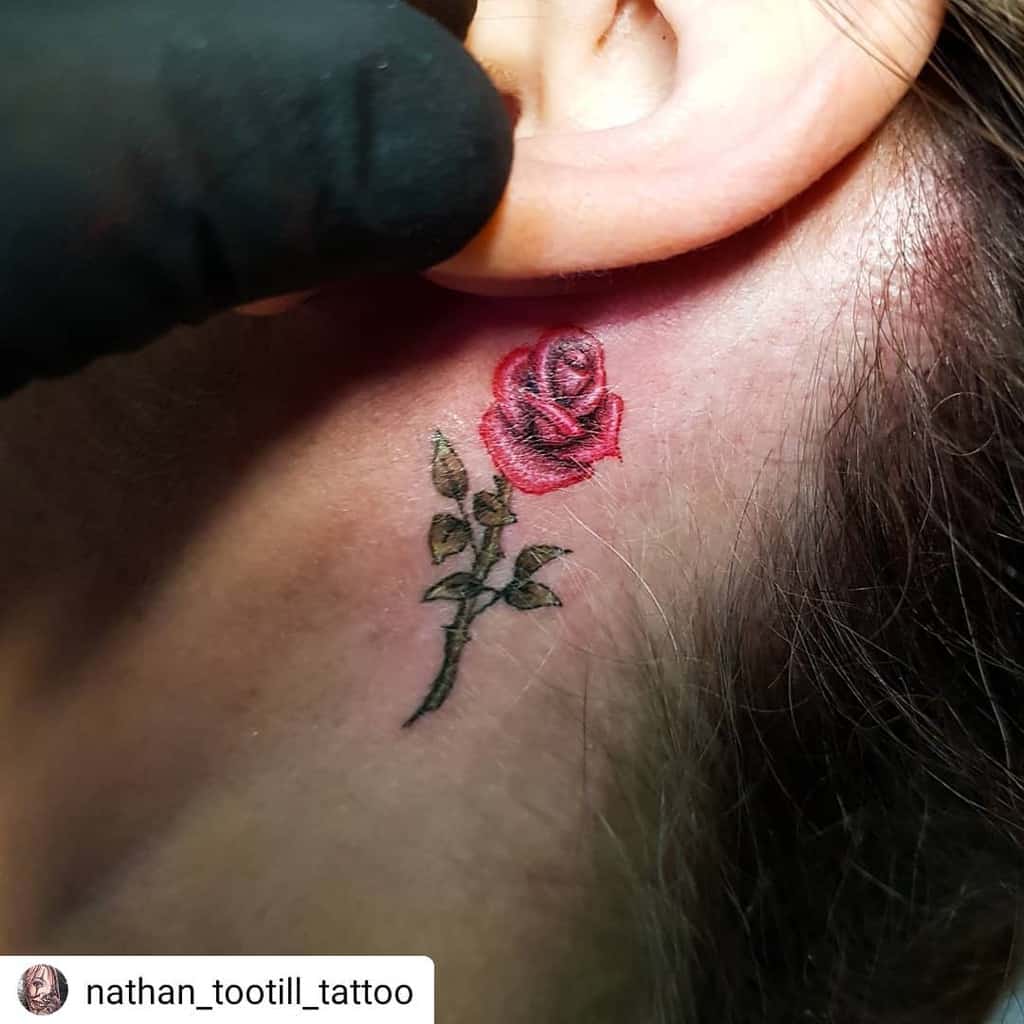 Small red rose tattoo behind the ear with green leaves