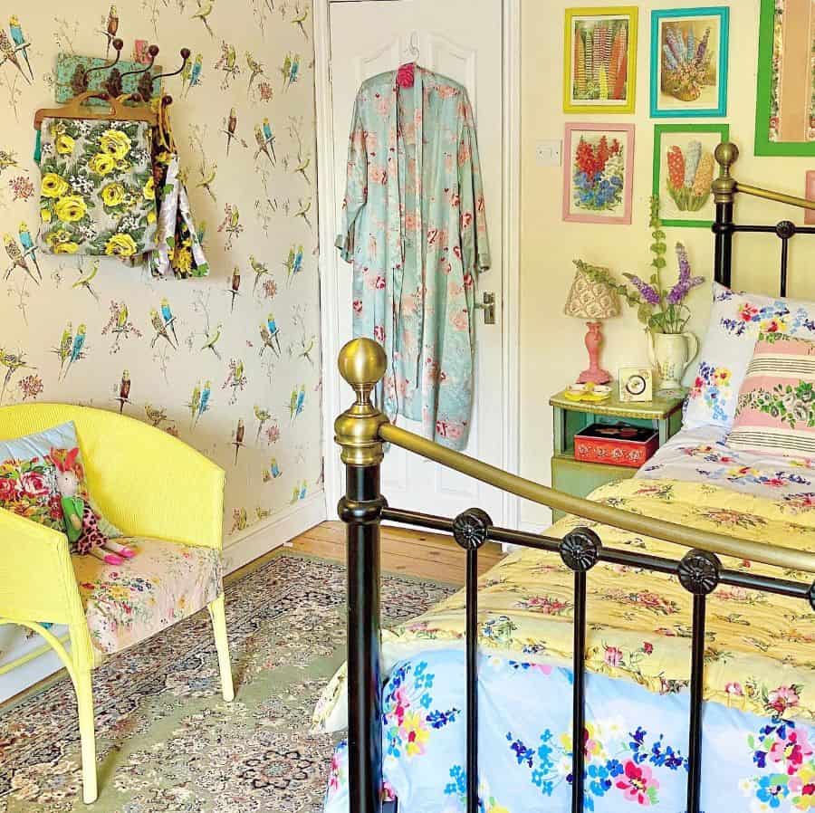 eclectic vintage bedroom bird wallpaper