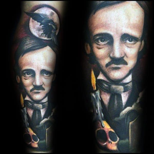 Color tattoo of Edgar Allan Poe with a surreal twist, featuring a raven, candle, skull, and eerie moonlit background.
